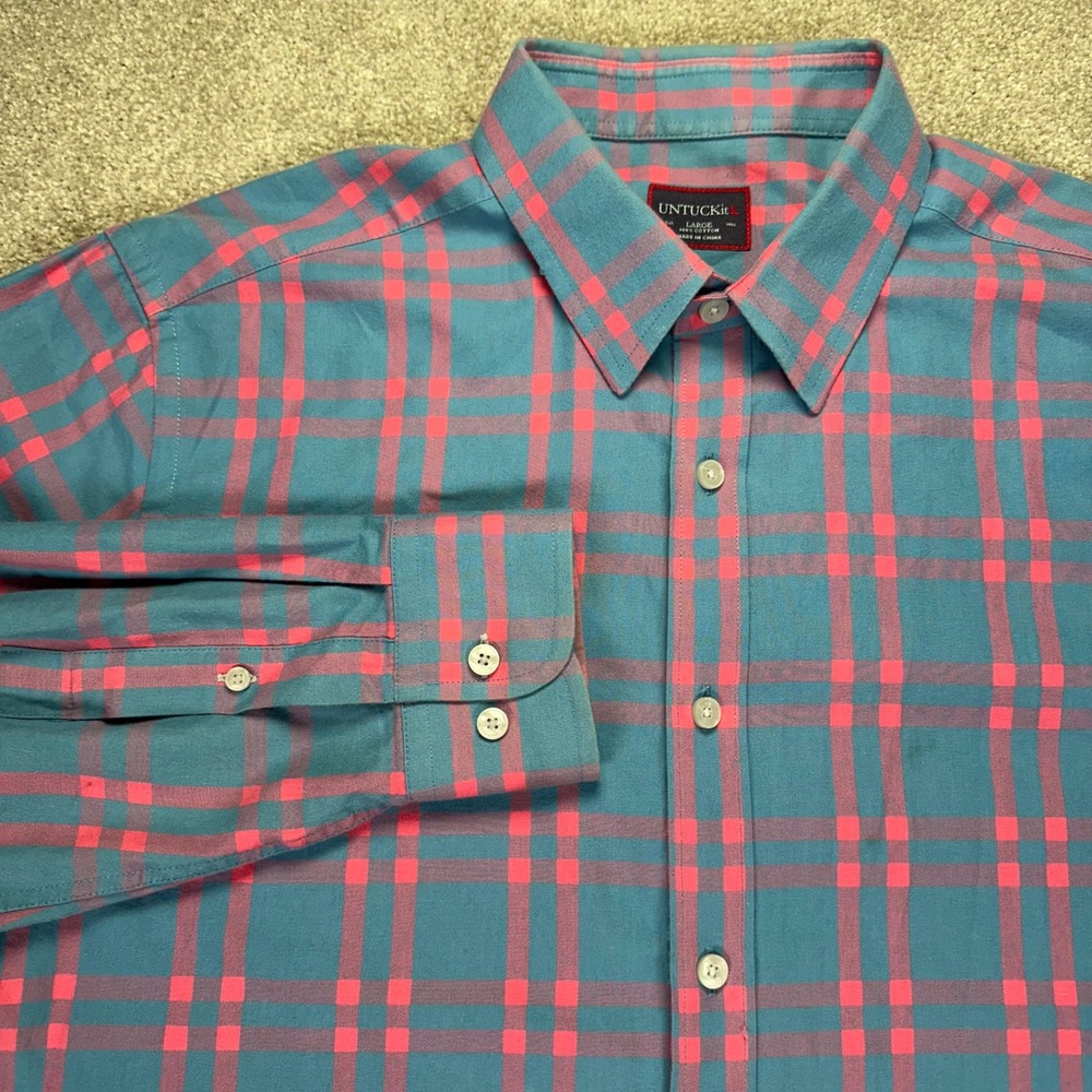 UNTUCKit Men's Long Sleeve Plaid Button Down Shirt Blue Pink Large